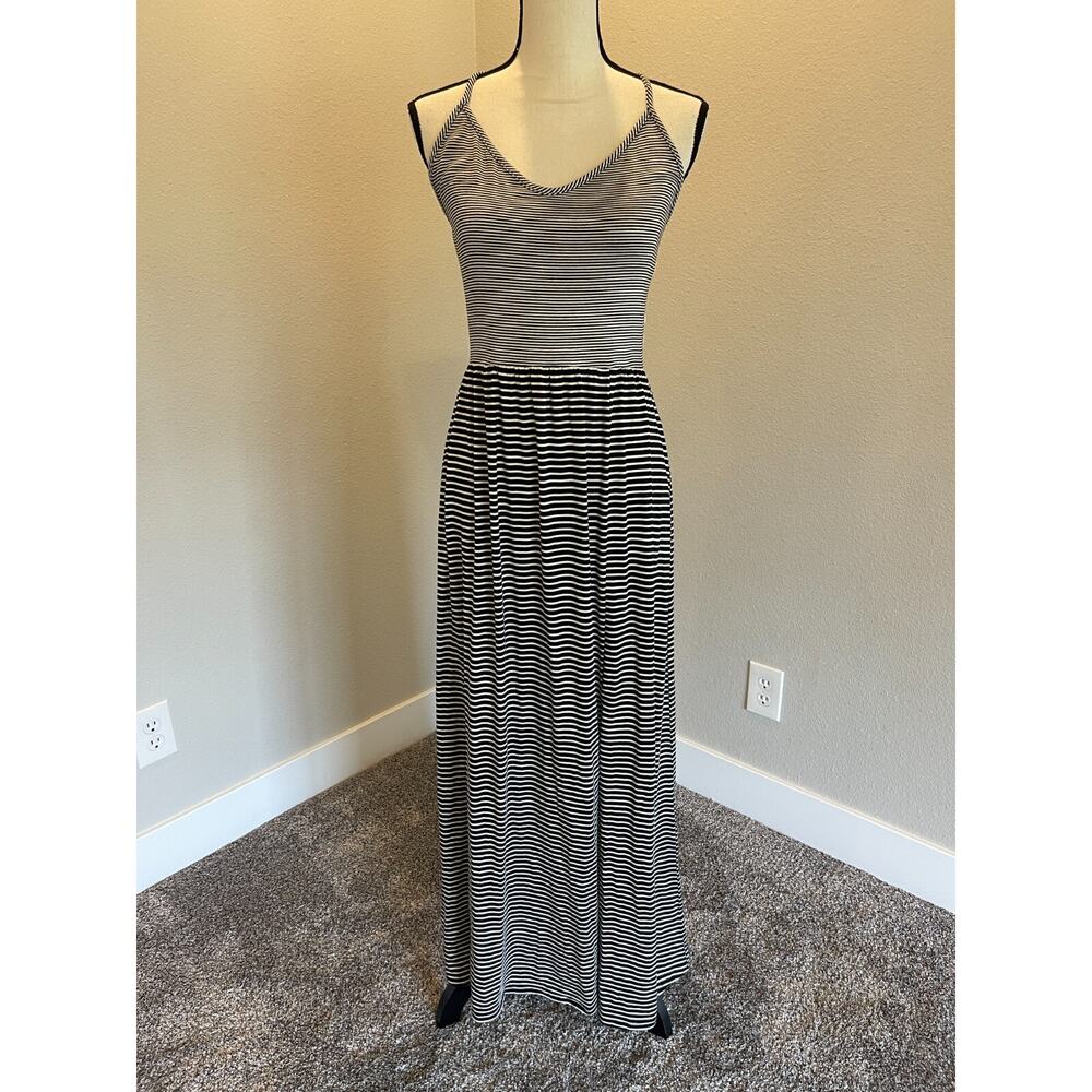Finn & Clover Black White Striped Jersey Knit Maxi Dress Lace Back Large NWT